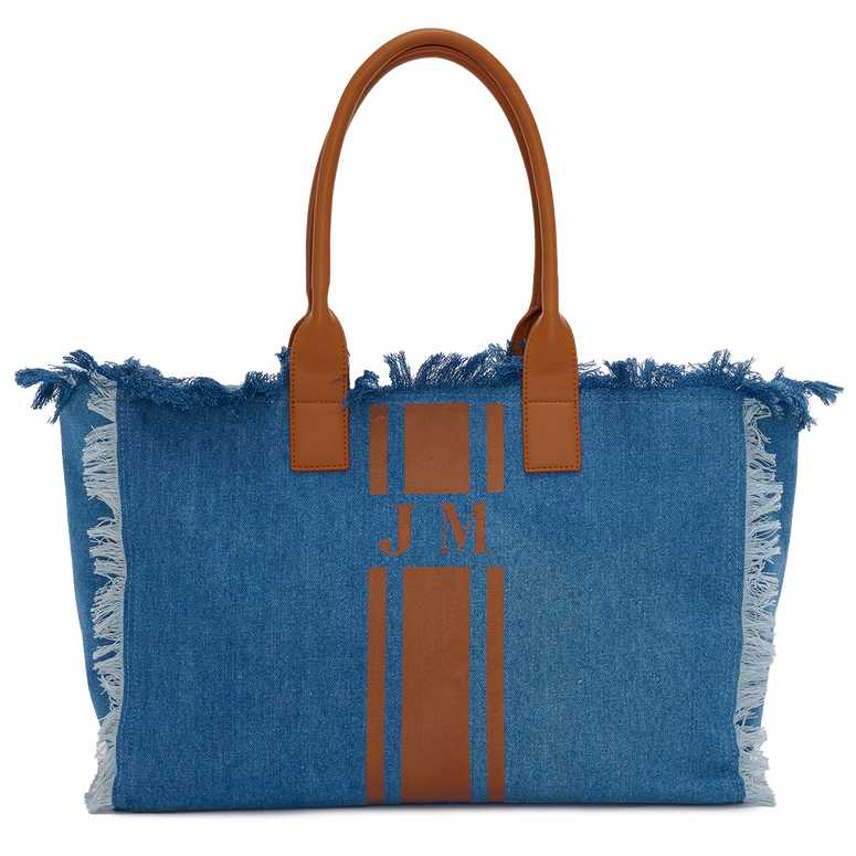 The Lily Fringe Tote - Denim and Tan