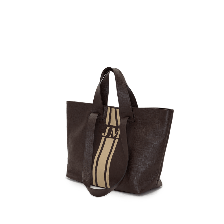 Chocolate Brown Leather Double Handled Tote with Camel Stripe_