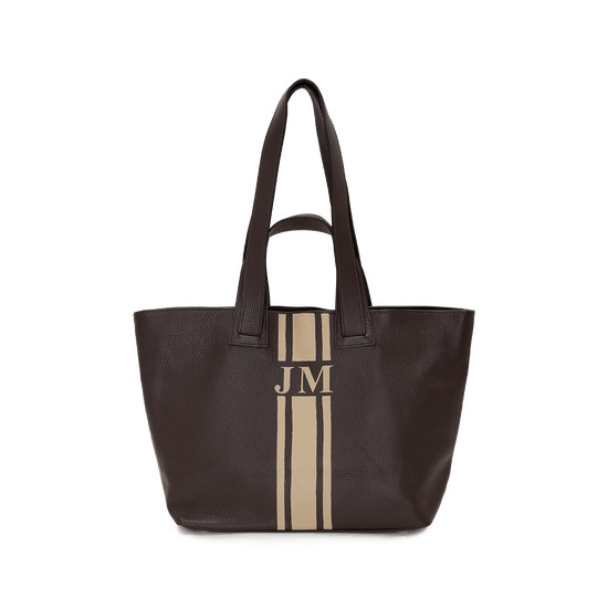 Chocolate Brown Leather Double Handled Tote with Camel Stripe_