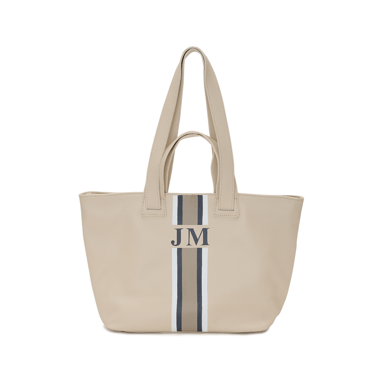 Cream Leather Double Handled Tote with Classic Stripes_