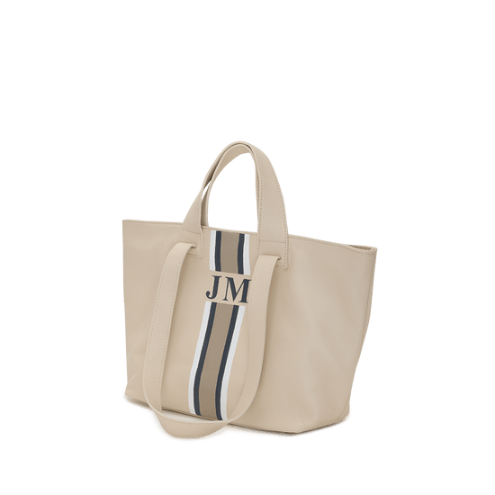 Cream Leather Double Handled Tote with Classic Stripes_