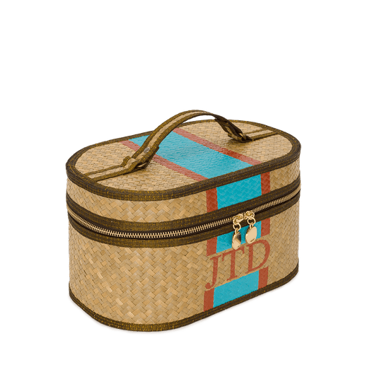 Straw Vanity Case - Turquoise & Tan_bags