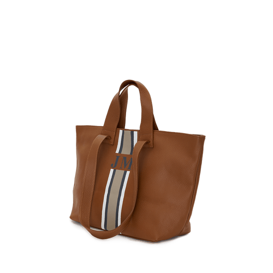 Tan Leather Double Handled Tote with Classic stripes_