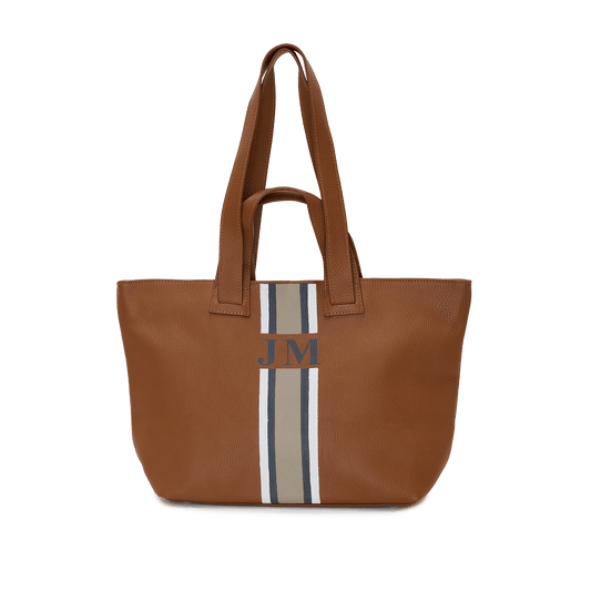 Tan Leather Double Handled Tote with Classic stripes_