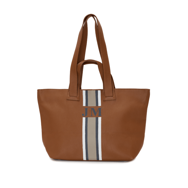 Tan Leather Double Handled Tote with Classic stripes_