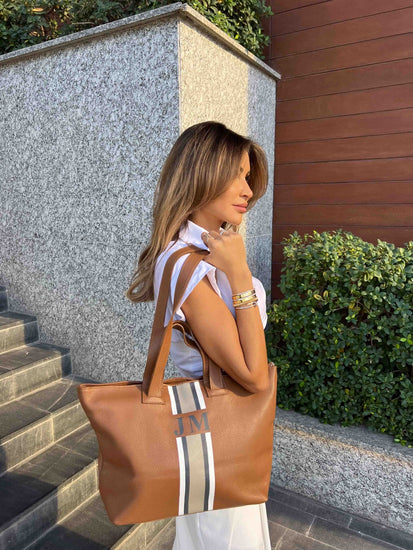 Tan Leather Double Handled Tote with Classic stripes_