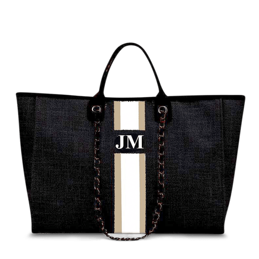 The Lily Canvas Jumbo - Jet Black with Taupe and White Stripes_bags