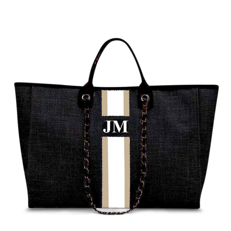 The Lily Canvas Jumbo - Jet Black with Taupe and White Stripes_bags