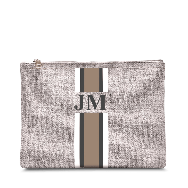 The Lily Canvas Makeup Bag - Soft fawn with White, Grey and Beige Stripe_bags