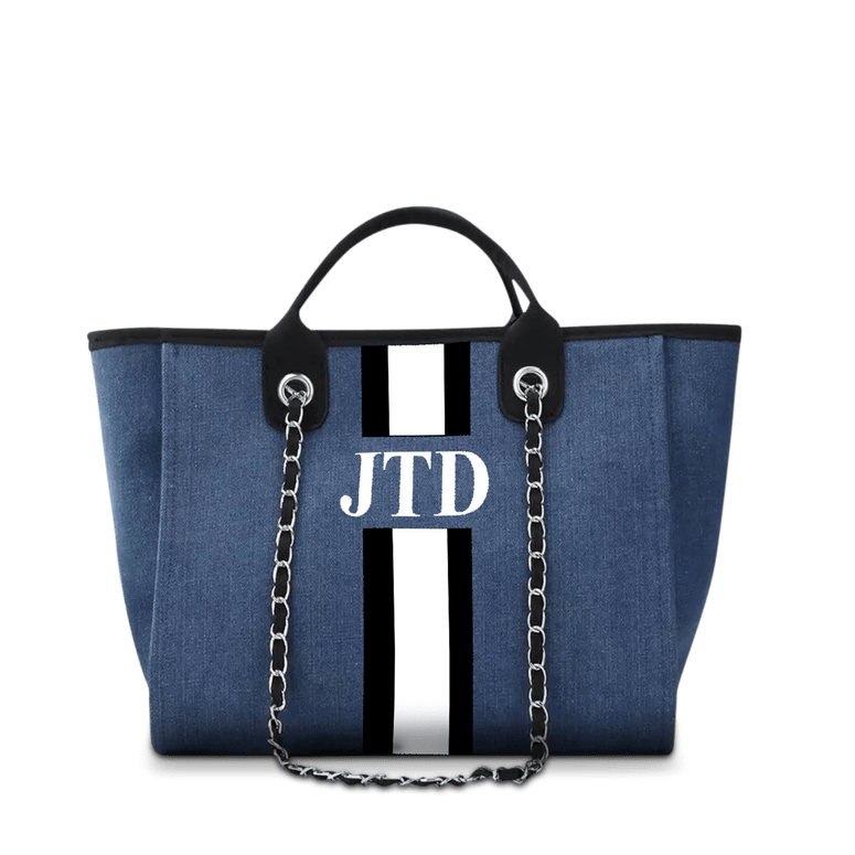 The Lily Canvas Medium - Denim with Black and White Stripes_bags