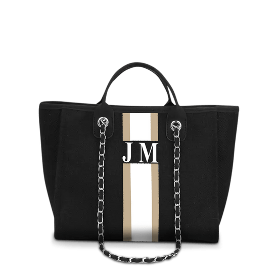 The Lily Canvas Medium - Jet Black with Taupe and White Stripes_bags