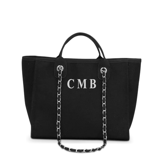 The Lily Canvas Medium - Jet Black with White Initials_bags