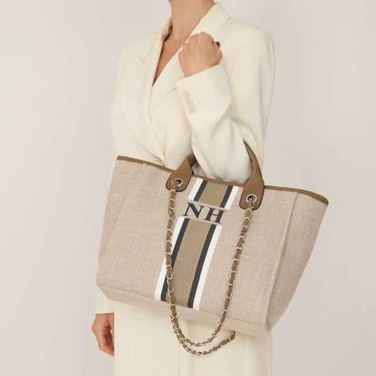 The Lily Canvas Medium - Soft Fawn with White, Grey and Beige Stripe_bags