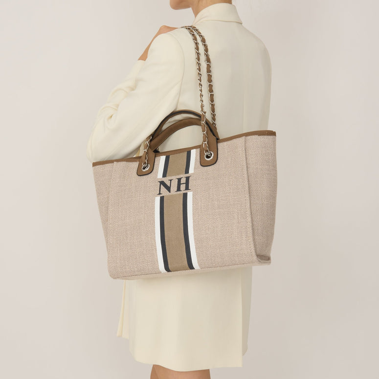 The Lily Canvas Medium - Soft Fawn with White, Grey and Beige Stripe_bags