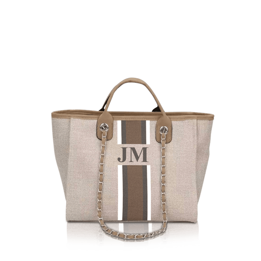 The Lily Canvas Medium - Soft Fawn with White, Grey and Beige Stripe_bags