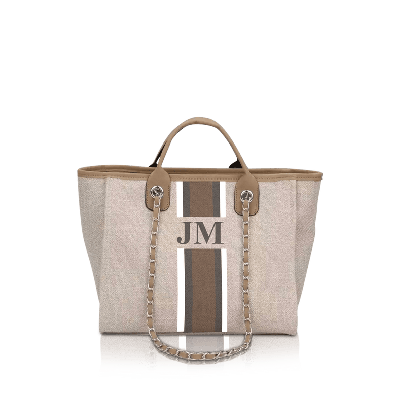 The Lily Canvas Medium - Soft Fawn with White, Grey and Beige Stripe_bags