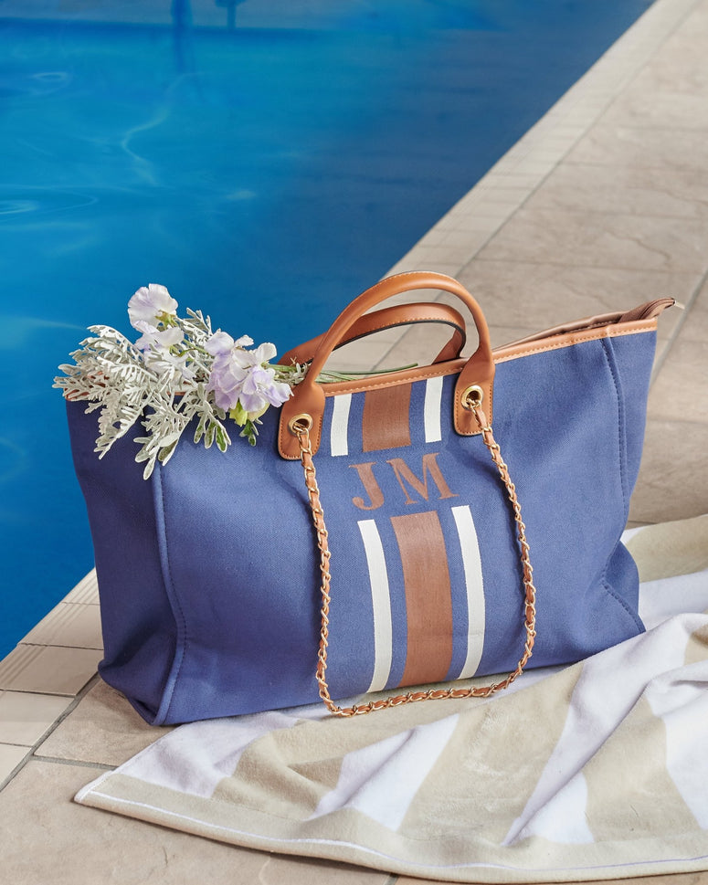 The Lily Canvas - Midnight Navy with White & Dark Brown Stripes_bags