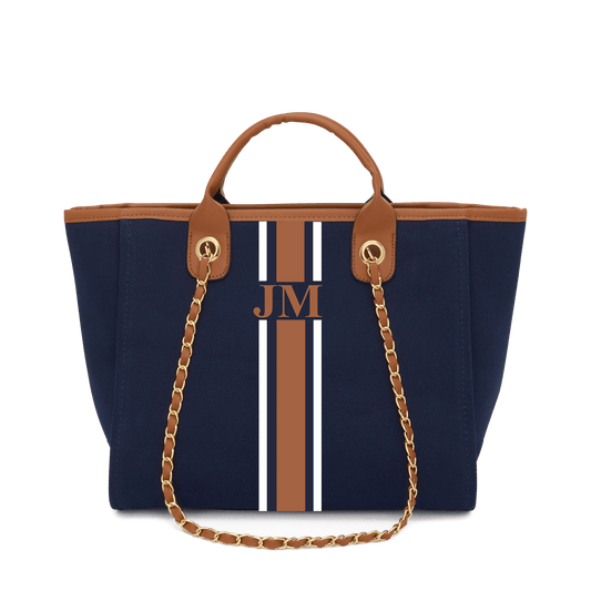 The Lily Canvas - Midnight Navy with White & Dark Brown Stripes_bags