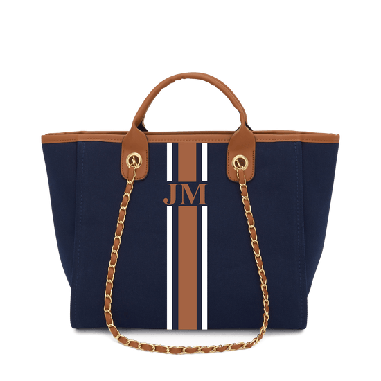 The Lily Canvas - Midnight Navy with White & Dark Brown Stripes_bags