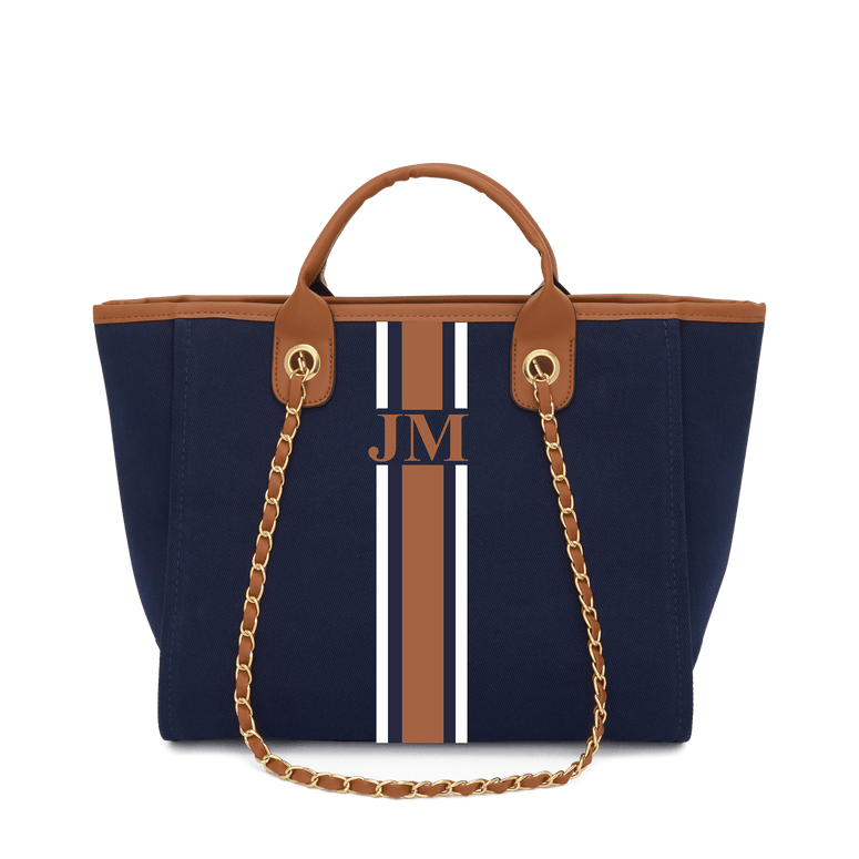 The Lily Canvas - Midnight Navy with White & Dark Brown Stripes_bags