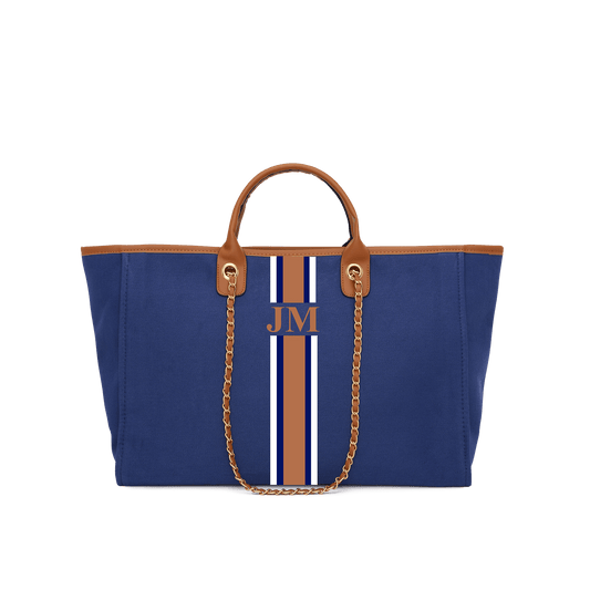 The Lily Canvas - Midnight Navy with White & Dark Brown Stripes_bags