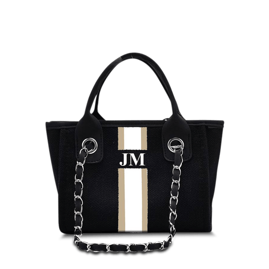 The Lily Canvas Mini - Jet Black with Taupe and White Stripes_bags