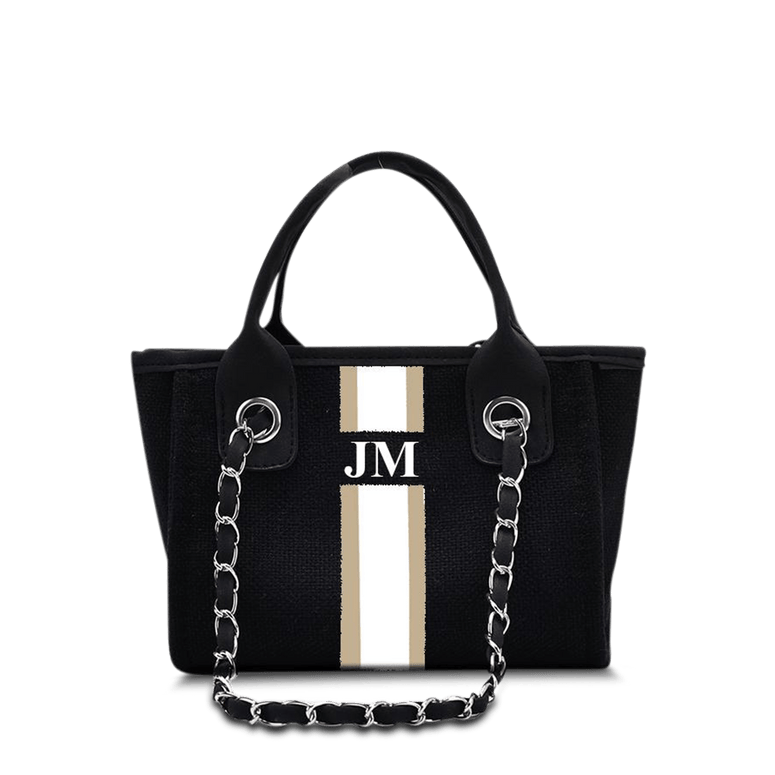 The Lily Canvas Mini - Jet Black with Taupe and White Stripes_bags