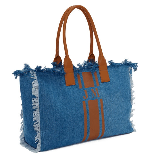 The Lily Fringe Tote - Denim and Tan_bags