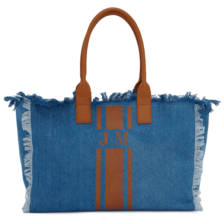 The Lily Fringe Tote - Denim and Tan_bags