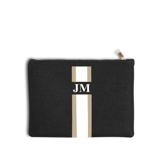 The Lily Makeup Bag - Black with Taupe and White Stripes_bags