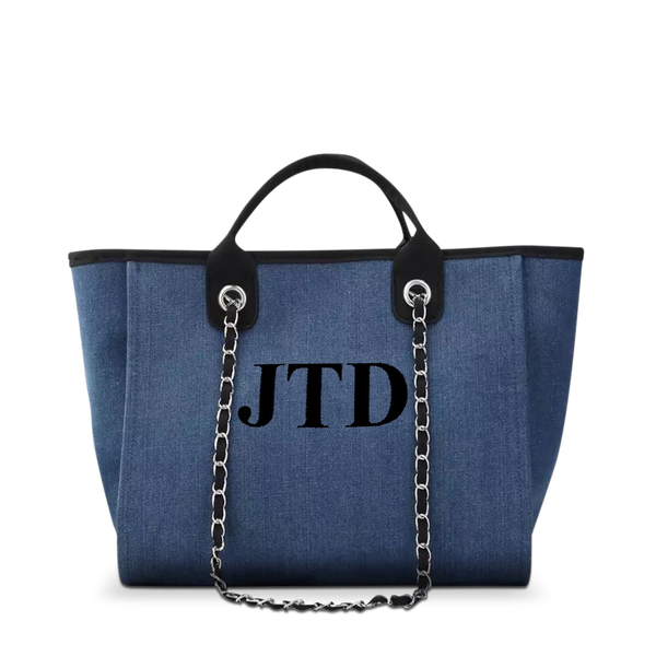 The Lily Canvas Tote in Denim with Large Black Initials