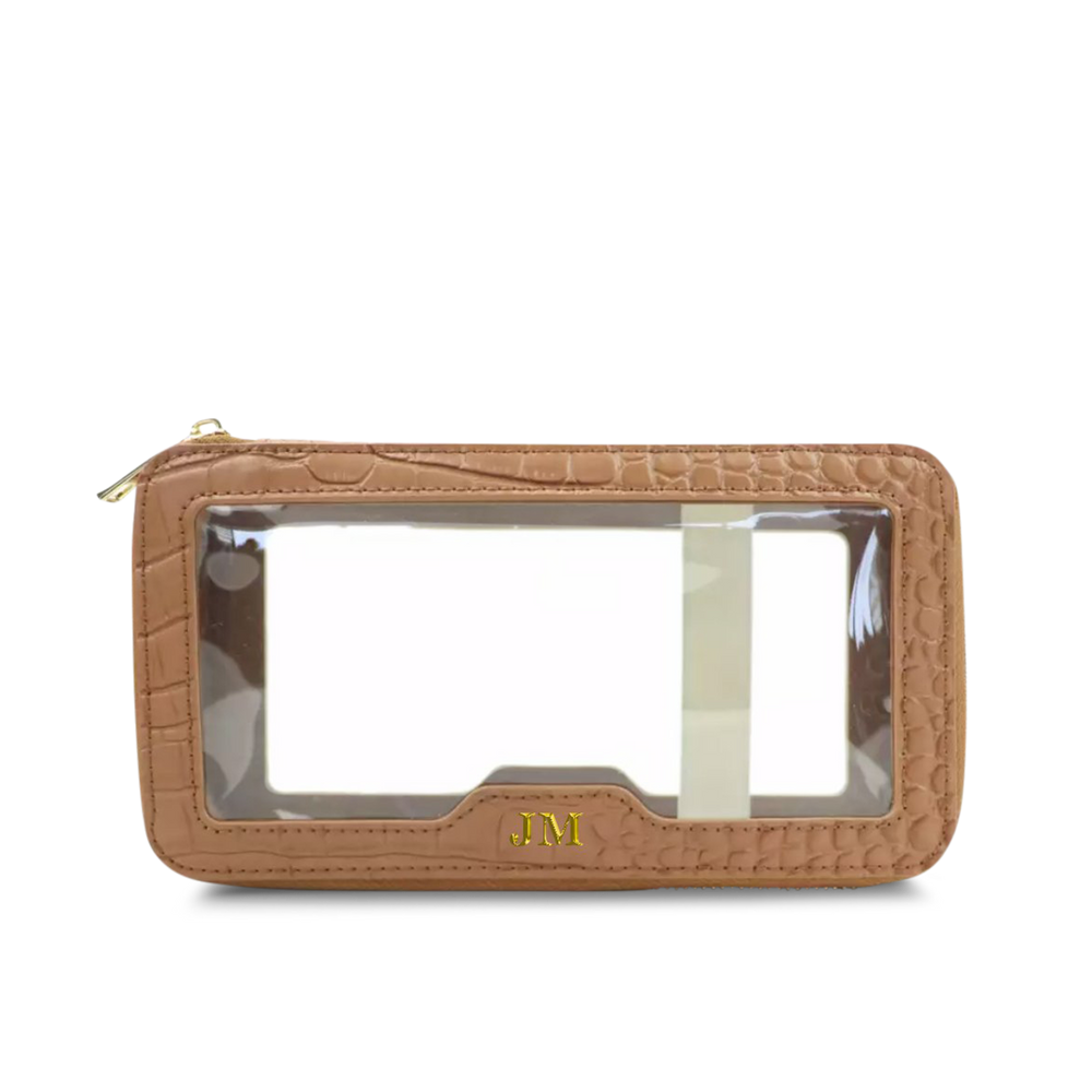 Lily & Bean Transparent Rectangular Makeup Bag Tan Crocodile Effect